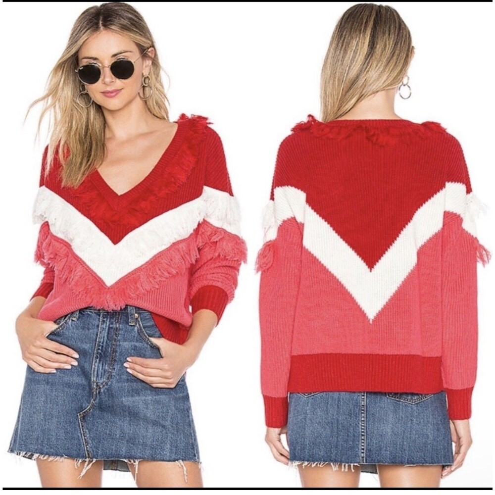 Lovers + Friends V Neck Thick Knit Oversized Sweater Size Small Red Holiday $180